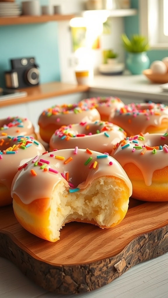 Cheerful Donut Recipe A variety of glazed donuts with sprinkles on a wooden platter in a bright kitchen.